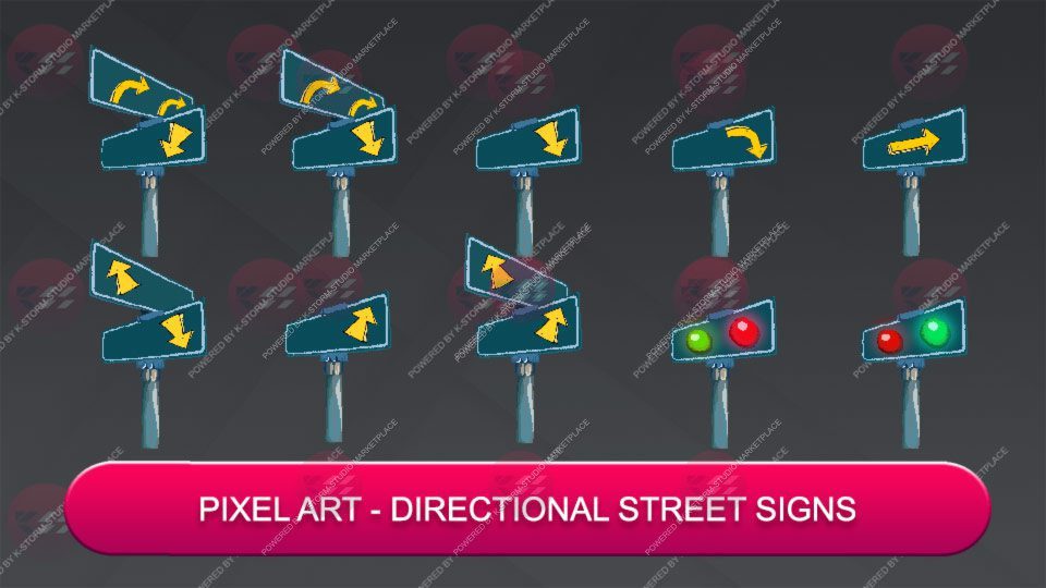 2d animated street signs sprites PixelArt pack 02 by K Storm Studio