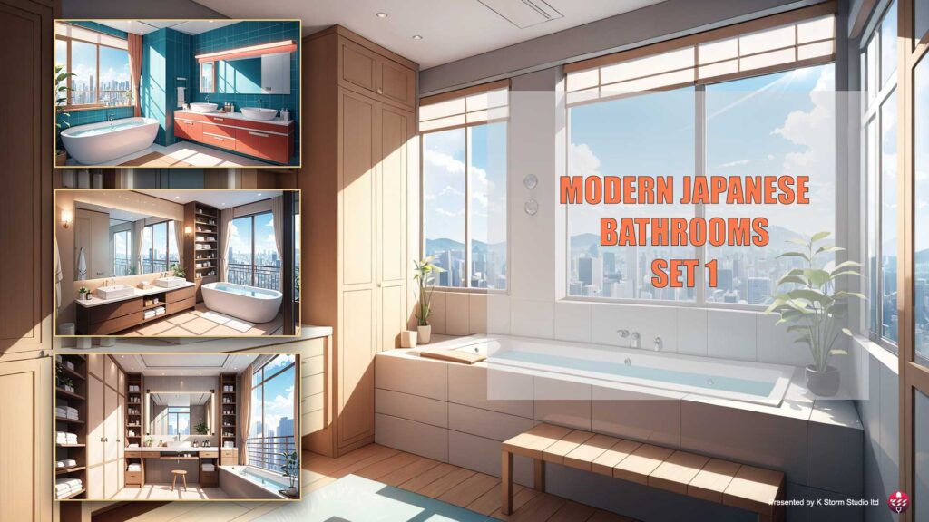 Modern Japanese Bathrooms set 1 Visual Novel Backgrounds by K Storm Studio ltd