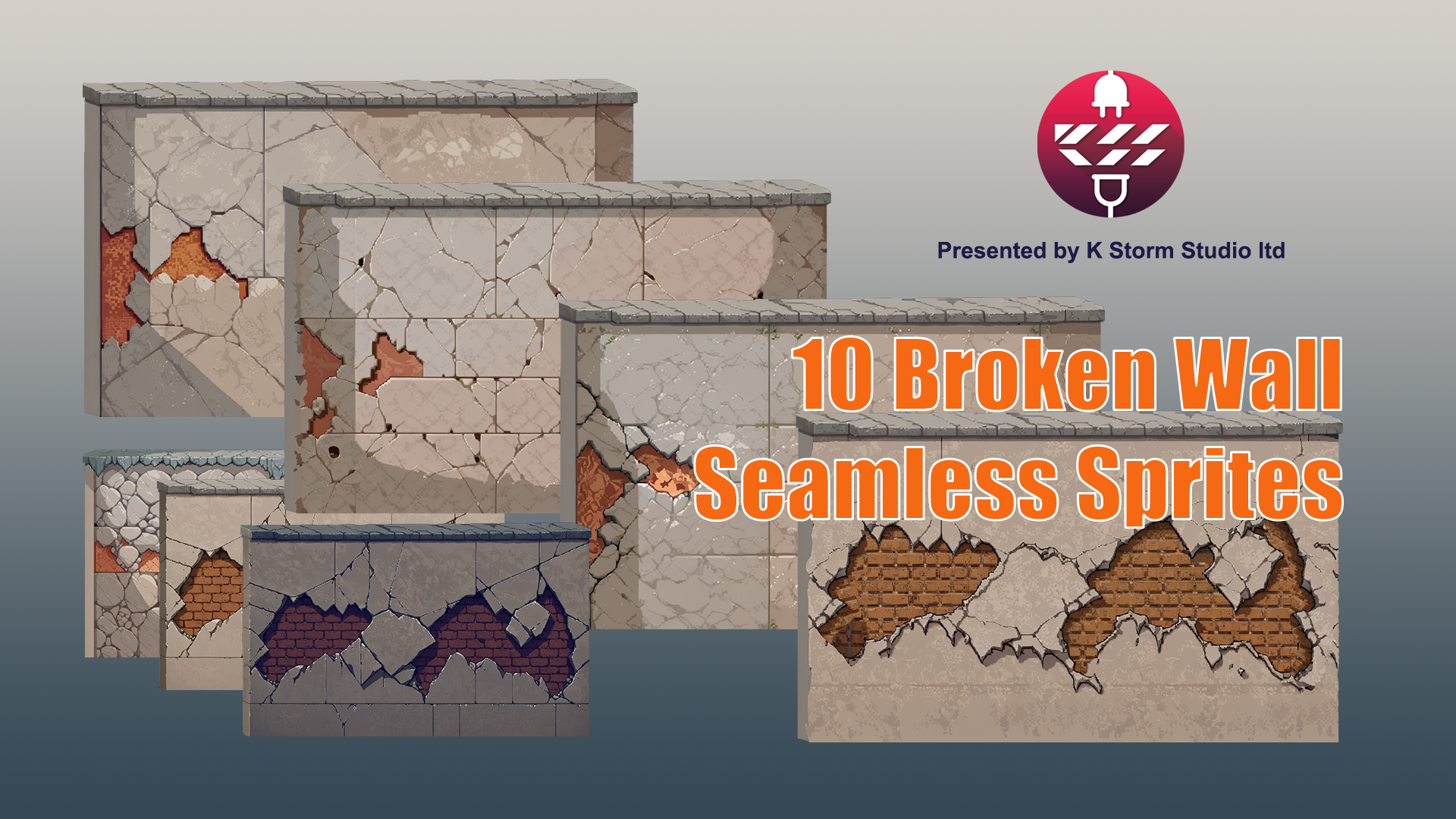 10 Pixel art Concrete Damaged Walls Seamless Sprites