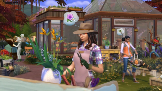 A female Sim trims a flower arrangement in gardening gear as her friend struggles to use a leafblower in the background.