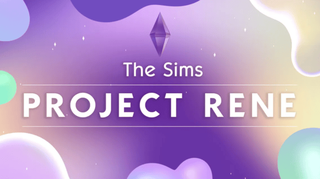 Promo Art for Project Rene, featuring clouds on a purple background with a purple Plumbob floating above the words Project Rene.