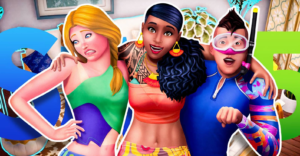 A family of Black Sims bond in the living room. Two brothers play with toys in the middle of the room as their parents tickle each other on the couch, and their grandmother looks on fondly.